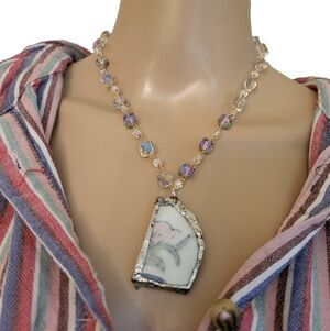 Broken China Porcelain Floral Pendant Necklace Iridescent Beaded